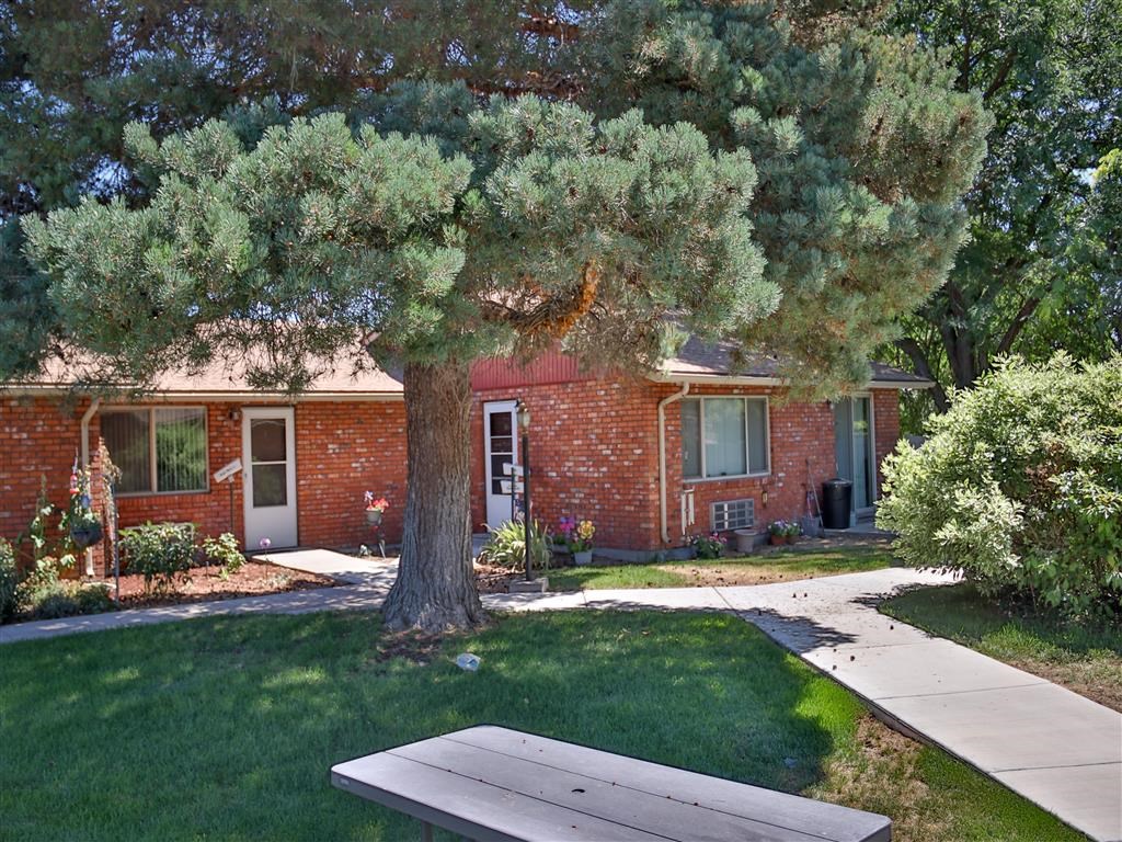 a small brick house with a tree in front of it