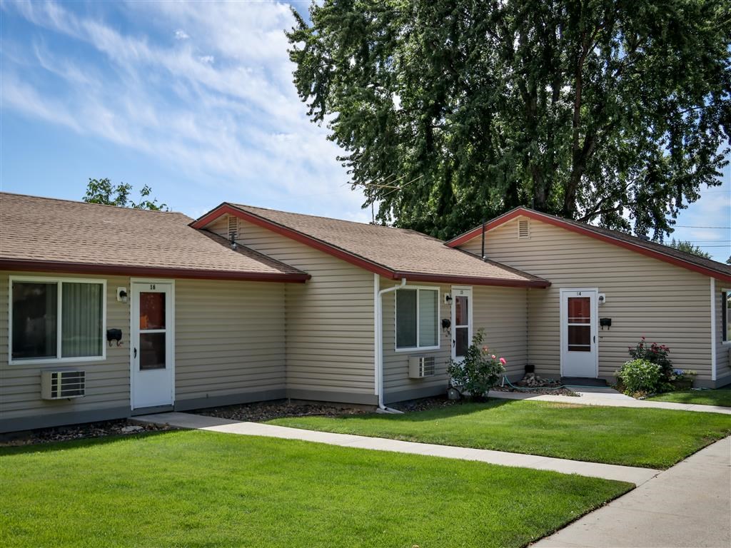 a white house with a lawn and a tree