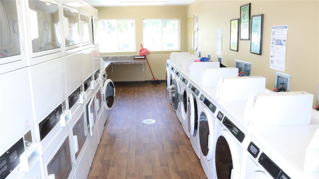 a laundry room filled with lots of white washing machines