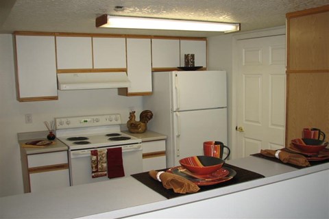 a white kitchen with a stove and a refrigerator