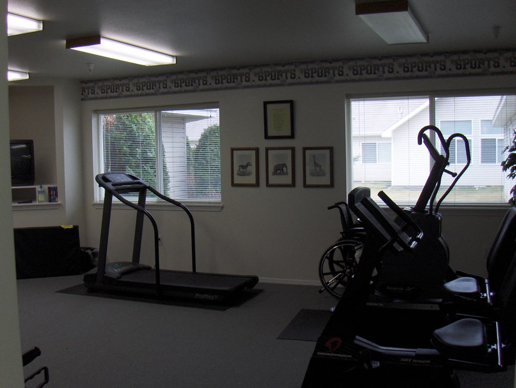 a home gym with exercise equipment in a room with two windows