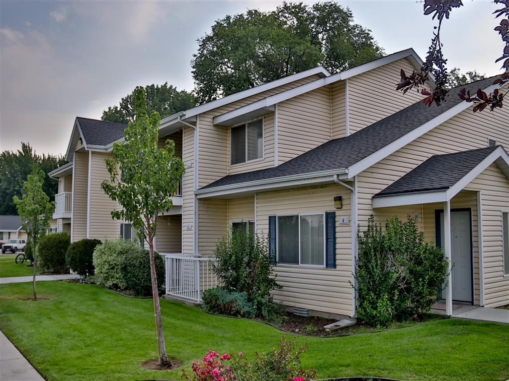 a yellow house with a yard and a tree
