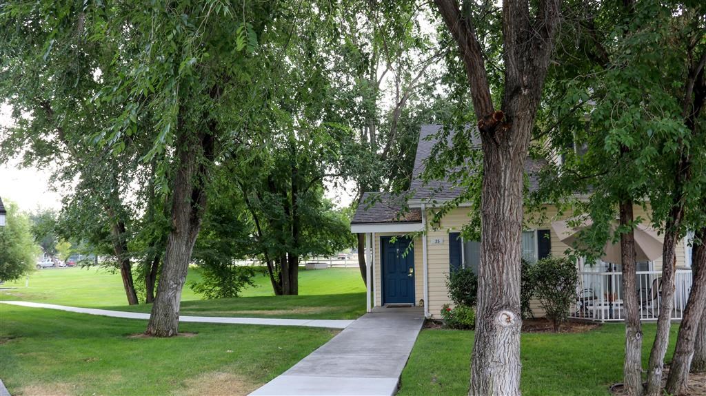 a small house with trees and a sidewalk
