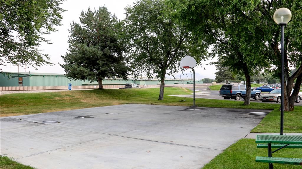 a parking lot with a basketball court and trees