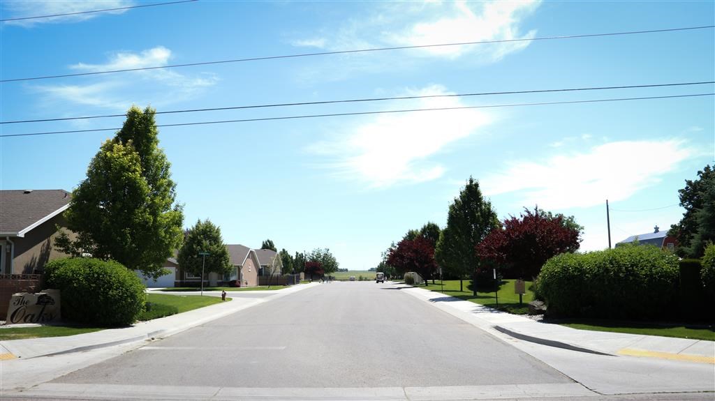 an empty street in a neighborhood with trees and houses