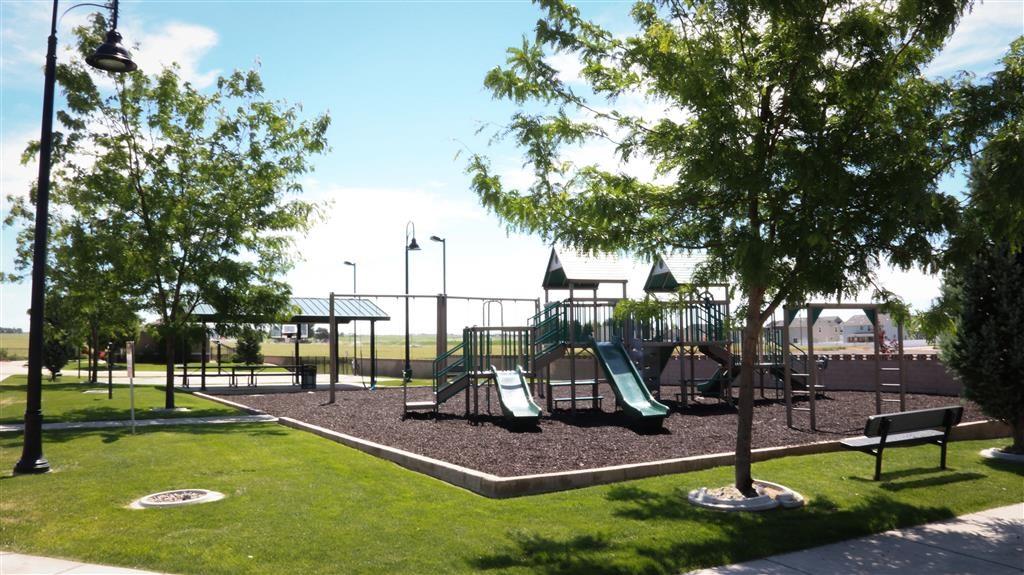a playground is shown in a park with trees