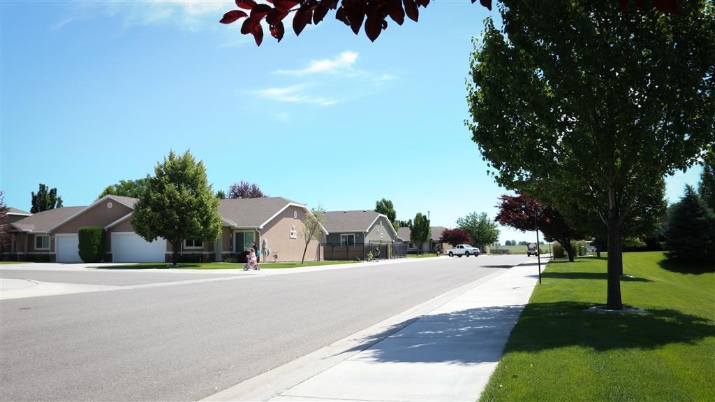 a street in a suburban neighborhood with houses and trees