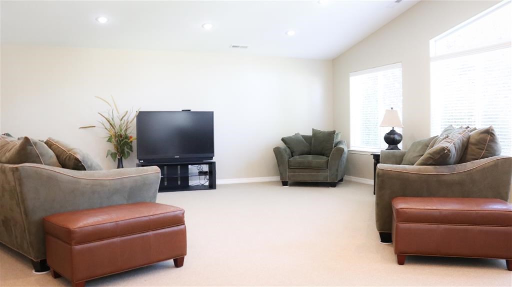 a living room with couches chairs and a television