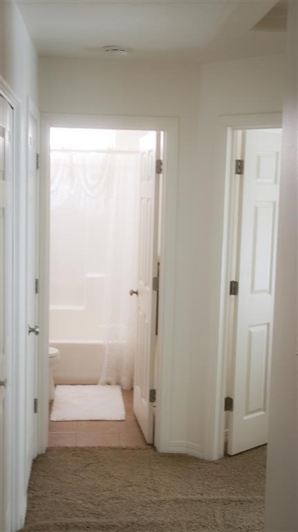 a bathroom with a white shower and a white door