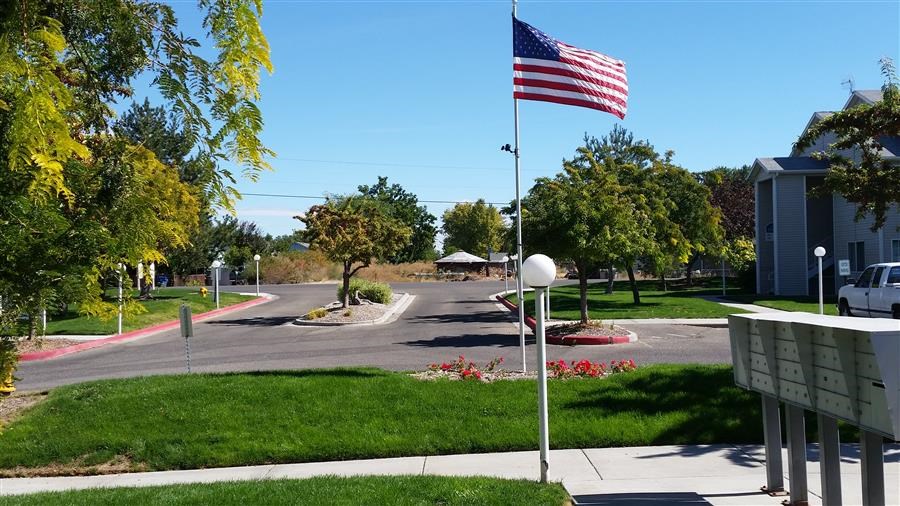 an flag on a pole on the side of a street
