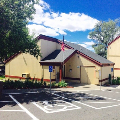 a building with an flag in front of it