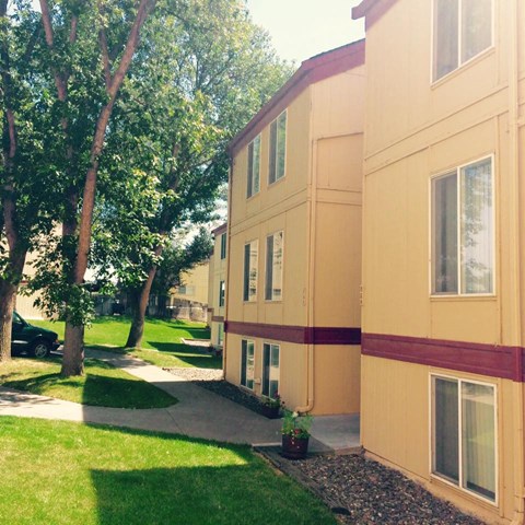 a building with a sidewalk and trees in front of it