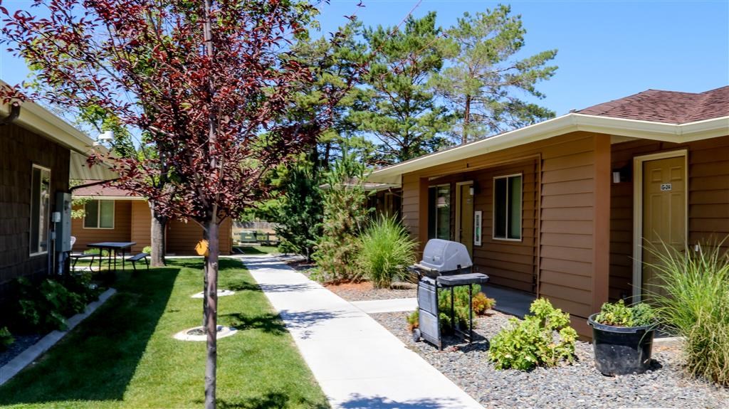 a yard in front of a house with a wheelchair