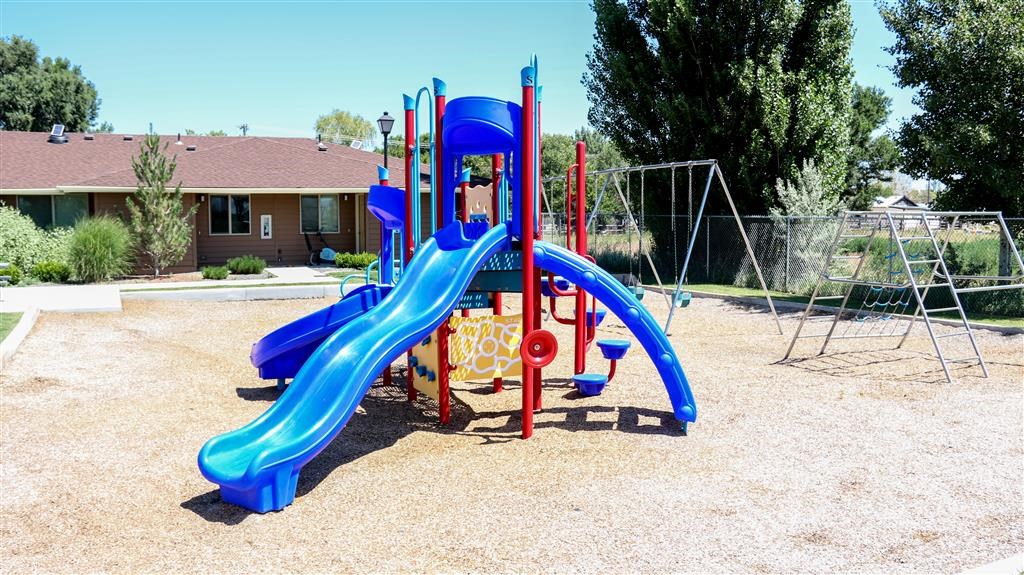 a playground with a blue and red slide