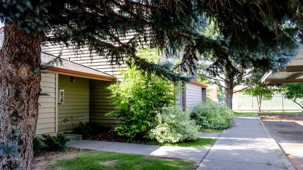 a green house with a sidewalk in front of it