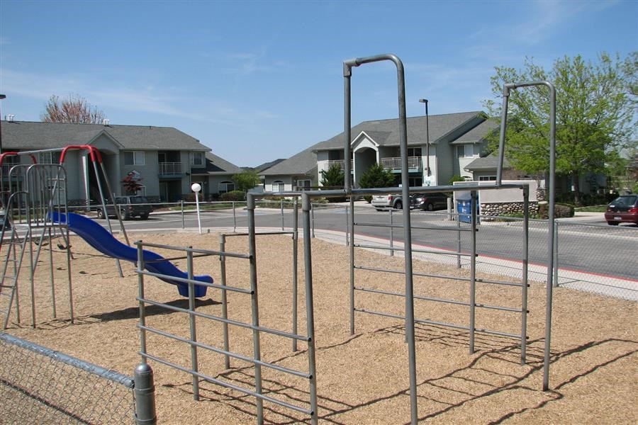 a playground with a blue slide in a park