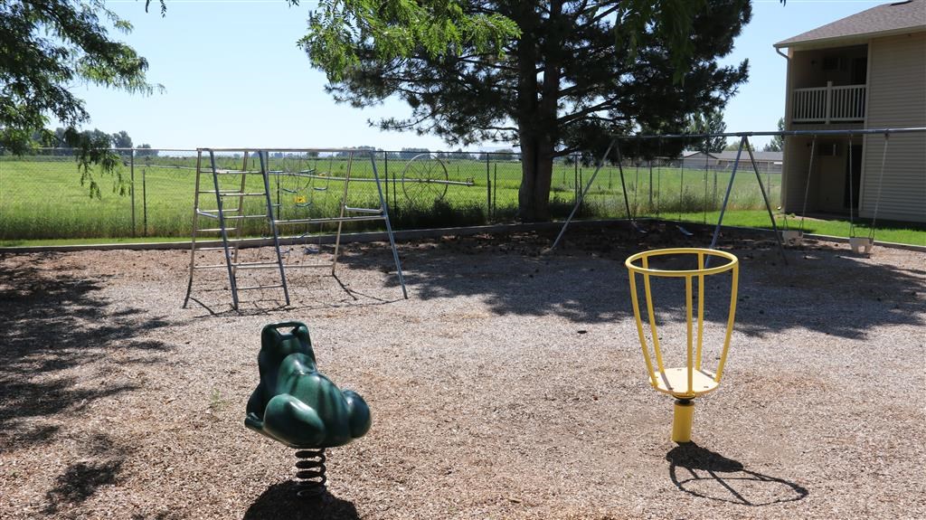 a playground with a swing set and a frisbee
