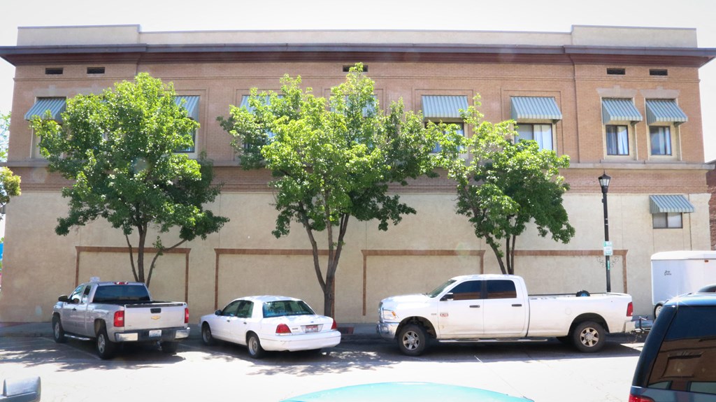 the side of an old building with trees in front of it