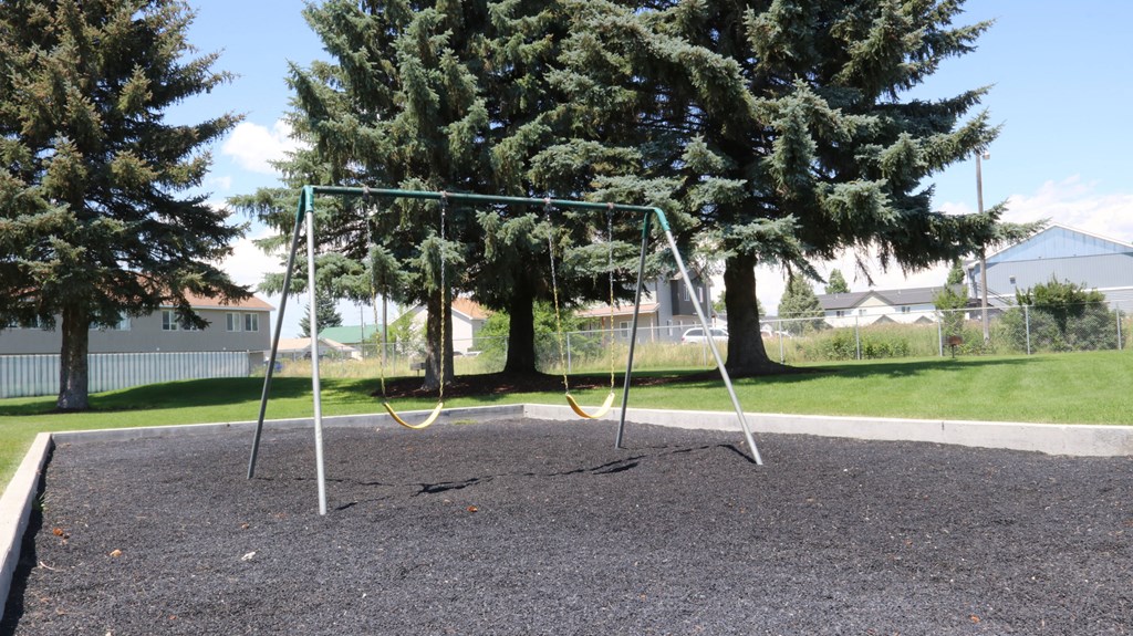a swing set in a park in front of some trees