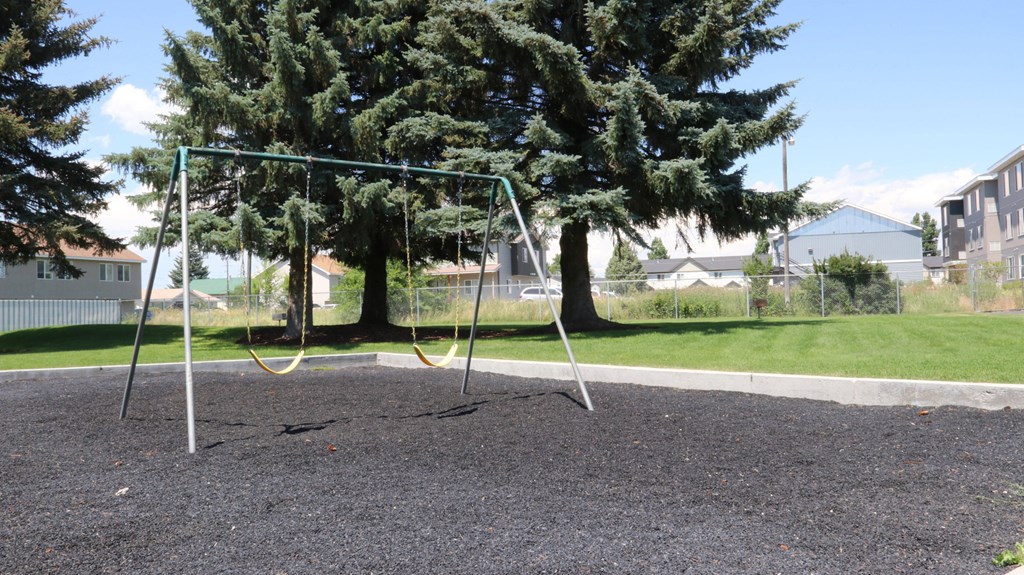a swing set in a park in front of some trees