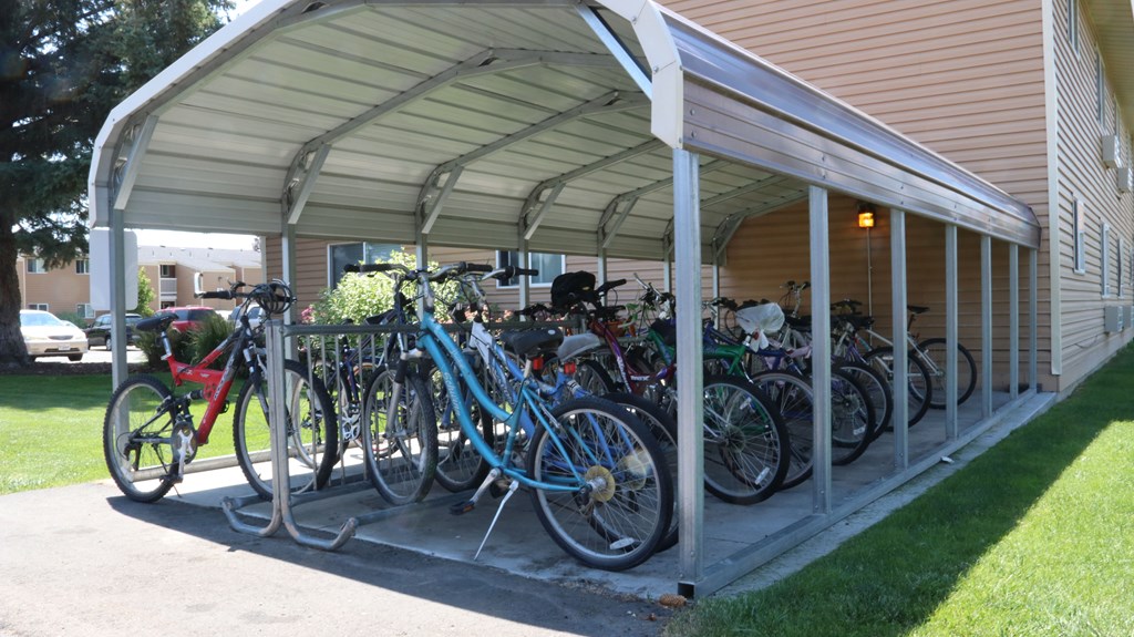 a group of bikes parked outside of a building