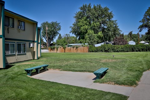 two benches in a yard in front of a house