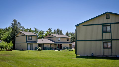 a group of houses with a lawn and trees in the background