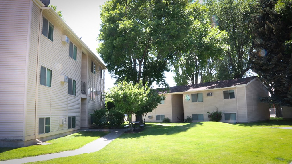 our apartments are located in a large grassy area with trees