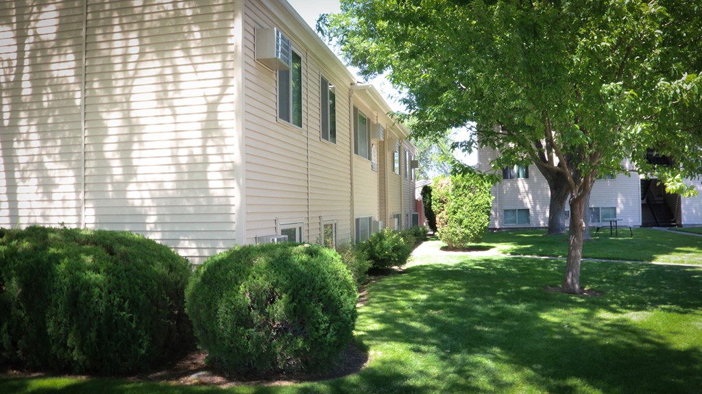 a side view of a house with a yard and trees