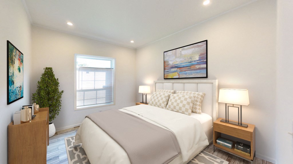 a white bedroom with a bed and a window