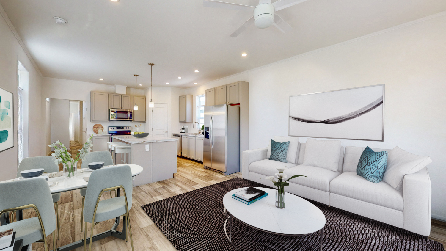 a living room with a couch and a table