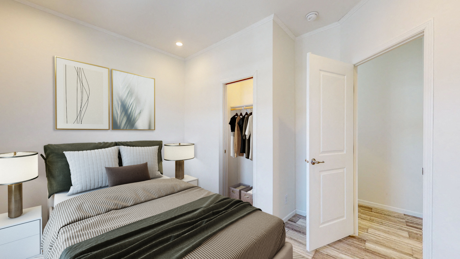 a bedroom with a bed and a closet