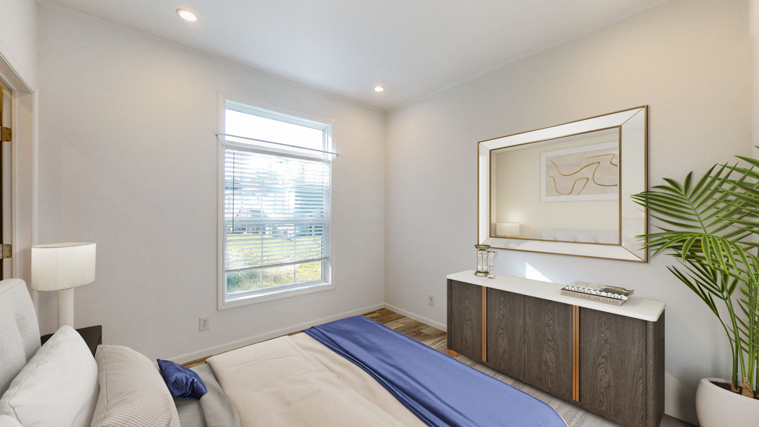 a bedroom with a bed and a desk and a window