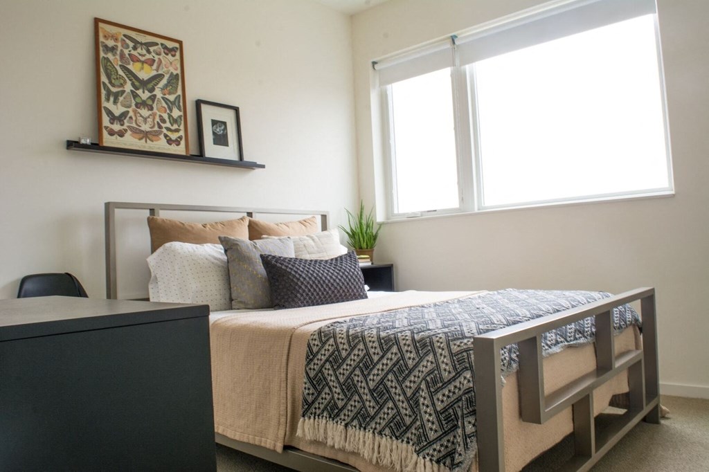 a bedroom with a bed and a dresser and a window