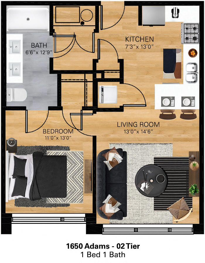 1650 Adams One Bedroom Floor Plan Tier 02