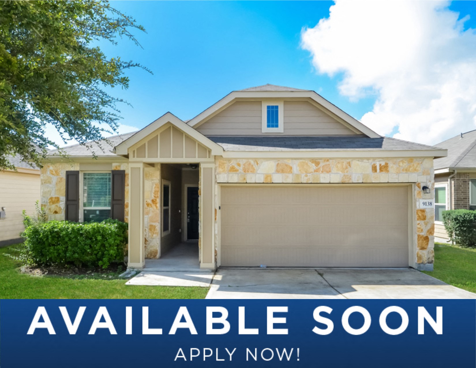 a house with a garage door and the words available soon on it