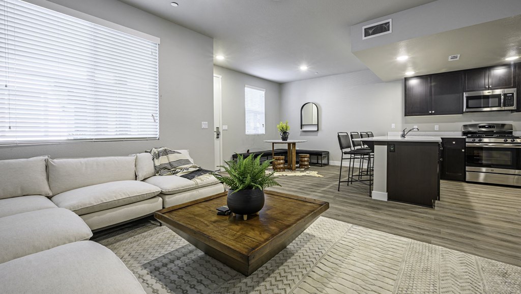 Living area with Kitchen and Dining in the Background
