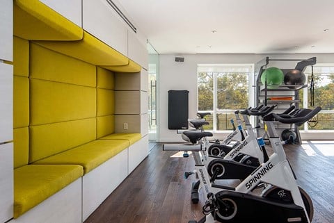 a gym with a yellow couch and a row of exercise bikes