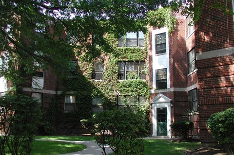 a red brick apartment building with green ivy on it