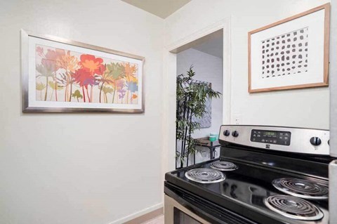 a white kitchen with a stove and a mirror in the corner