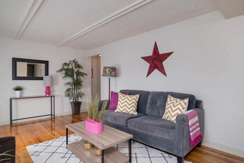 A living room with a grey couch, a wooden coffee table, and a red star on the wall.