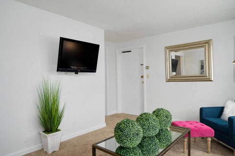 a living room with a couch and a television