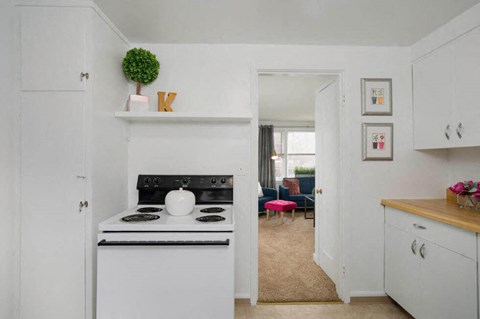 a white kitchen with a stove and a sink