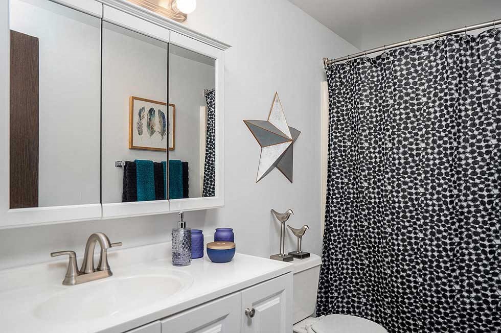 a bathroom with a black and white shower curtain and a sink