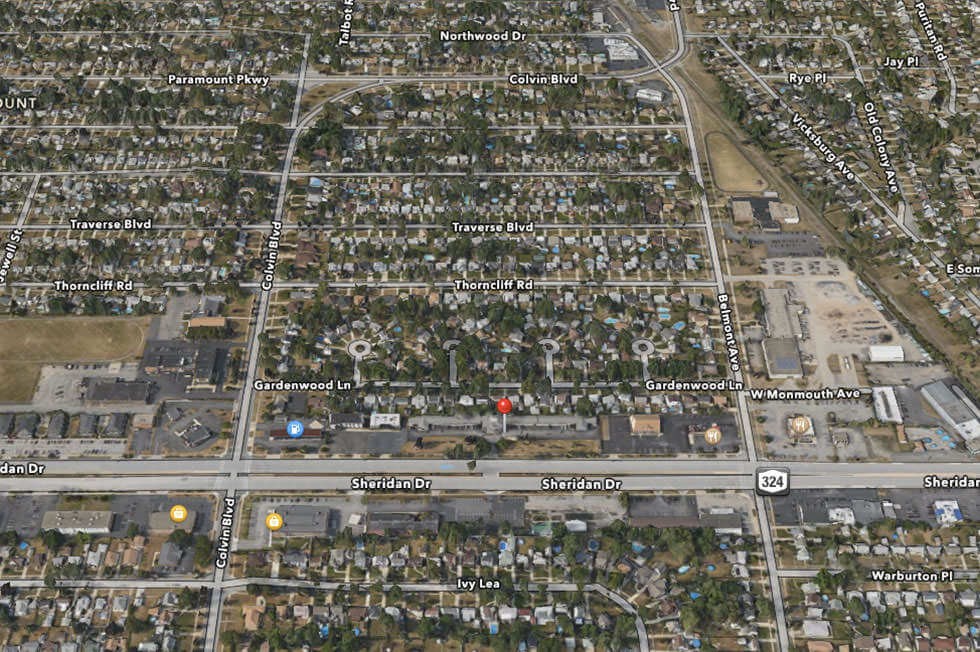 a map of a city with a red dot