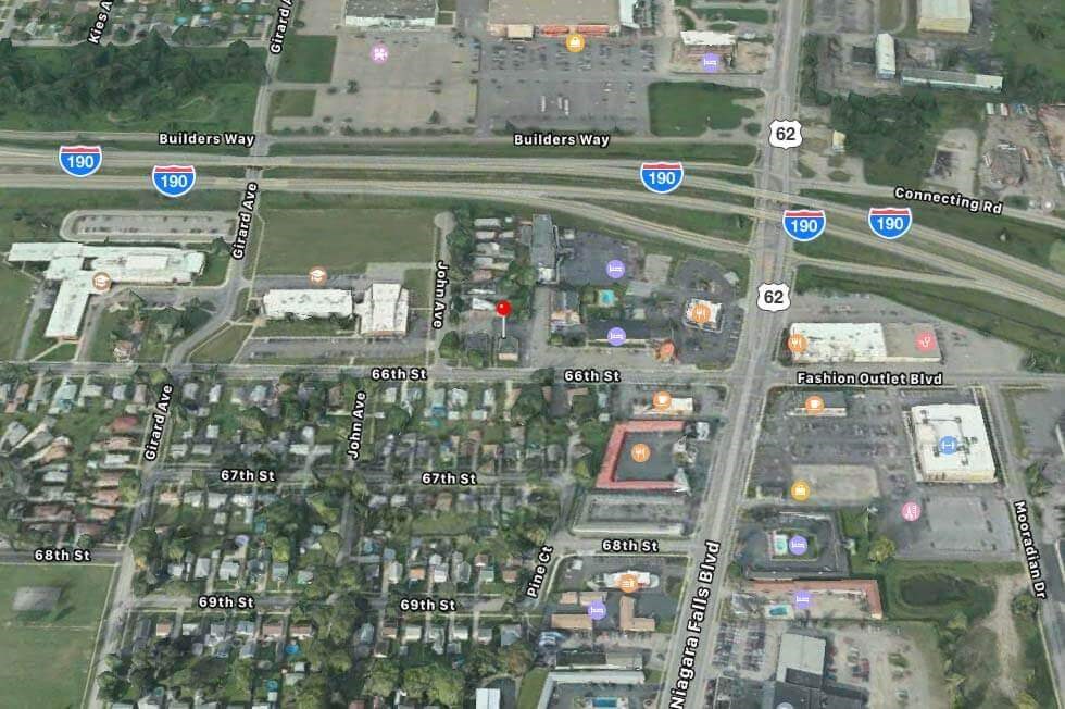 a map of the area with highways and buildings