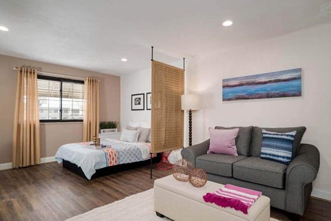 a bedroom with a bed and a couch in a room