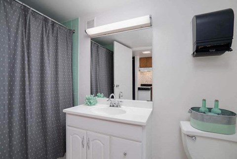 a bathroom with a sink and a mirror and a tv
