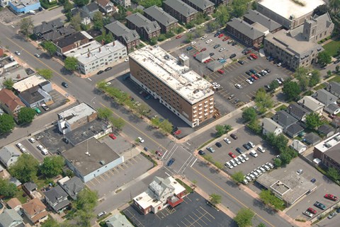 an aerial view of an intersection in a city