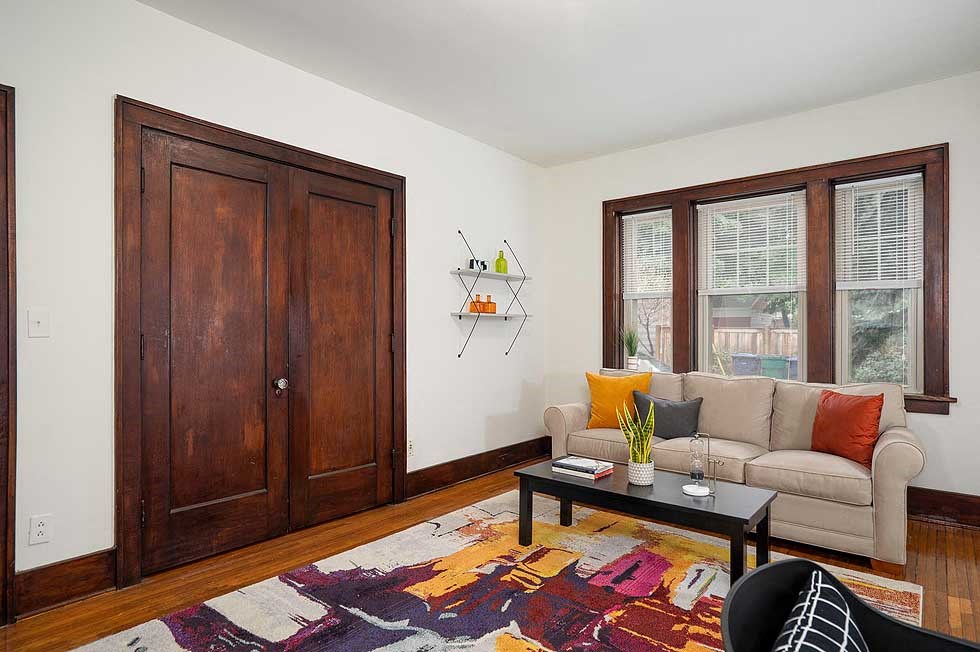 a living room with a couch and a coffee table